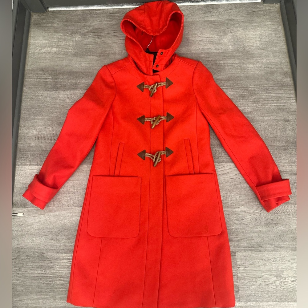 J.Crew Toggle Hooded Coat Red Fall Winter Outdoor Convertible Wool Size 2 Wool